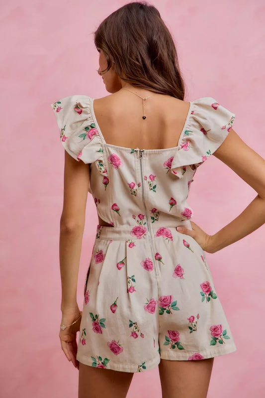 Ivory Floral Denim Cut-Out Ruffle Romper – product view 2