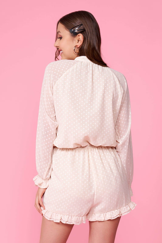 Pom Pom Cream Long Sleeve Romper
