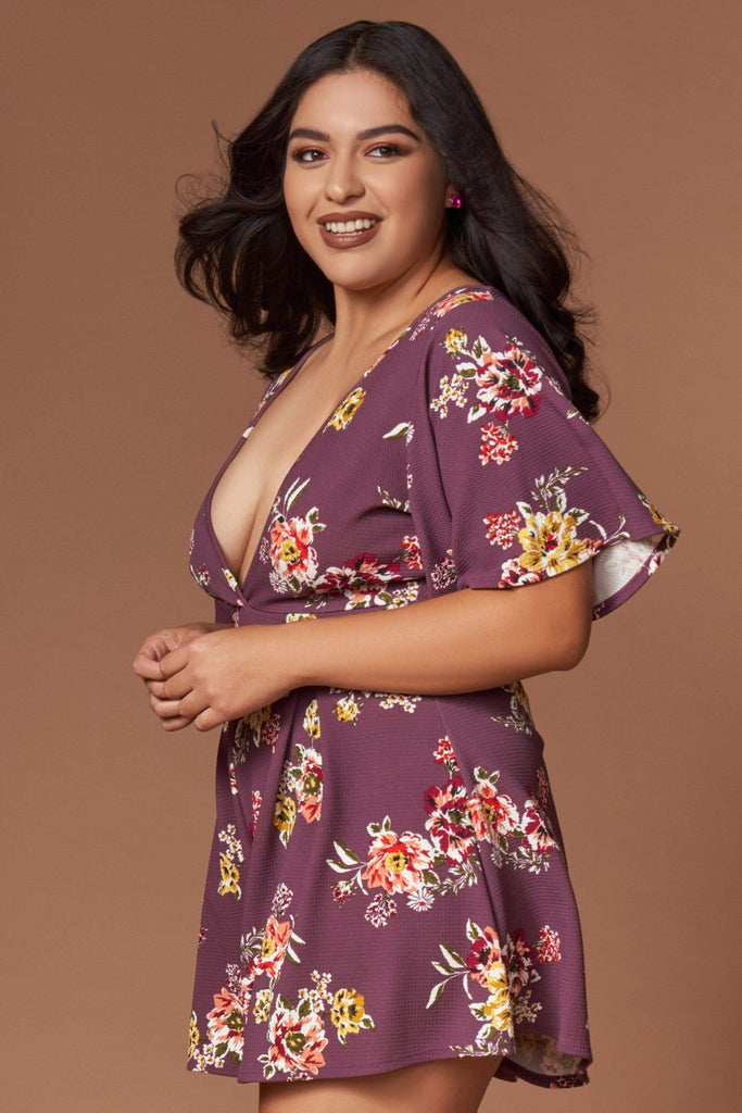 Ariel Mauve Purple Floral Print Romper-Rompers