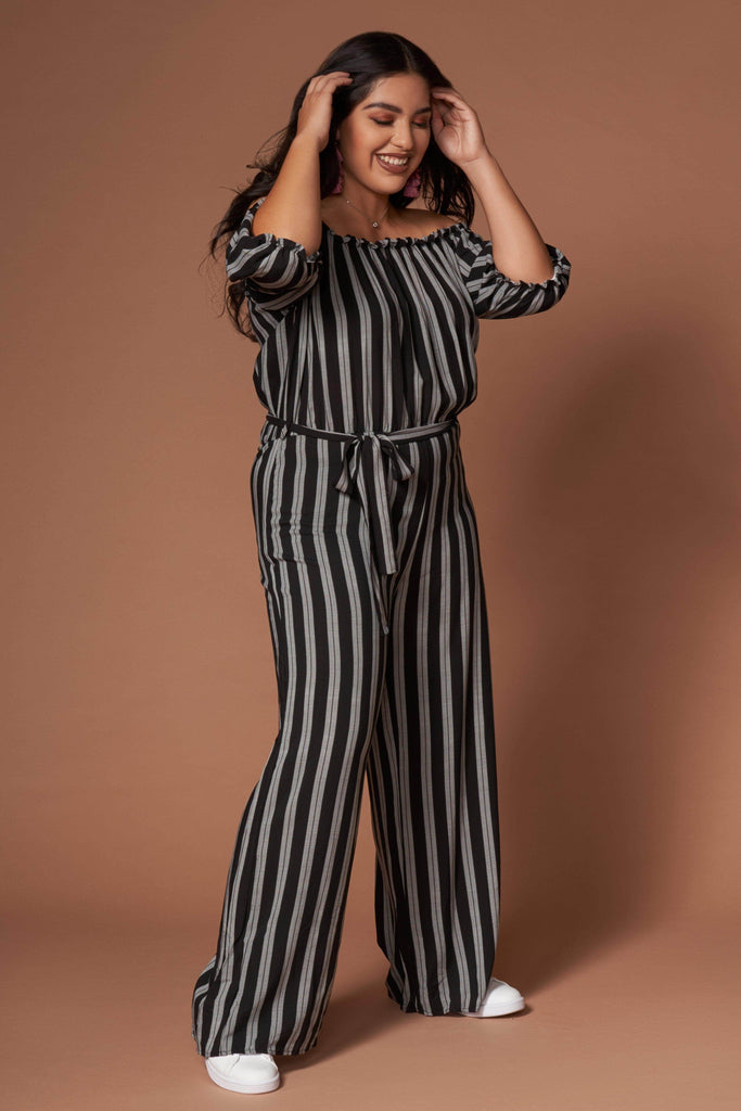 Grace Black and White Striped Jumpsuit-Rompers