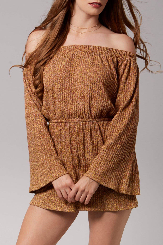 Roxy Mustard Knit Long Sleeve Off-The-Shoulder Romper-Rompers