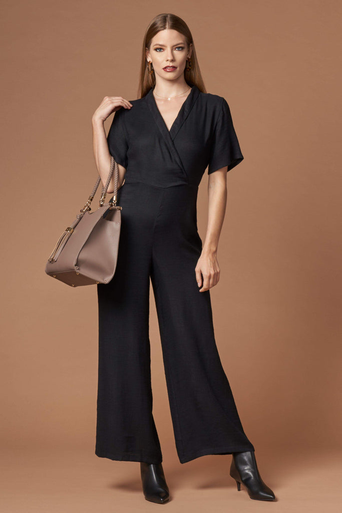 Stellar Black Short Sleeve Jacquard Jumpsuit by Lush-Rompers