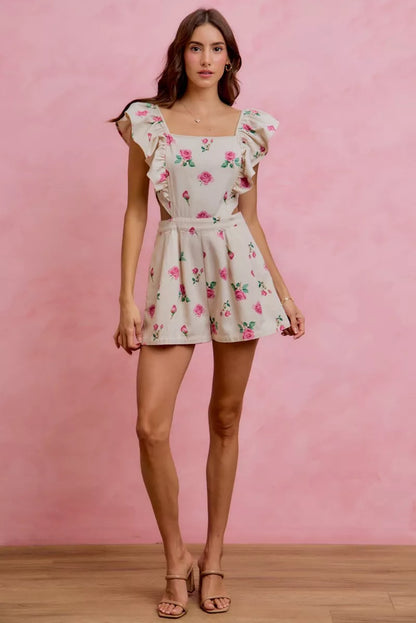 Ivory Floral Denim Cut-Out Ruffle Romper – product view 11