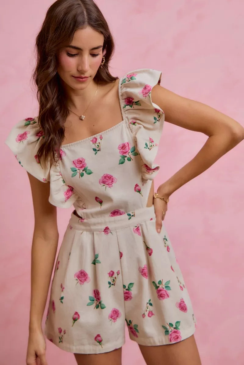 Ivory Floral Denim Cut-Out Ruffle Romper – product view 10