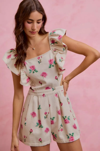 Ivory Floral Denim Cut-Out Ruffle Romper – product view 10