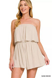 Sand Beige Woven Crinkle Strapless Romper