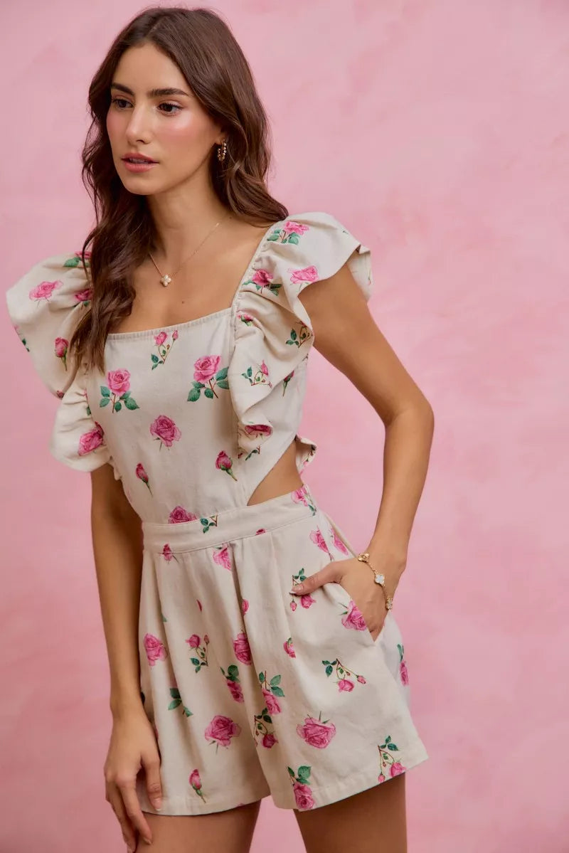 Ivory Floral Denim Cut-Out Ruffle Romper – product view 6