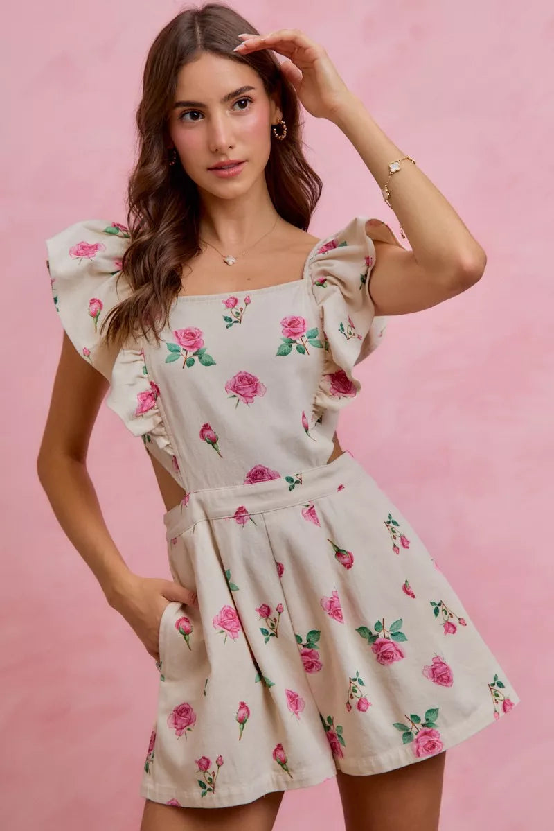 Ivory Floral Denim Cut-Out Ruffle Romper – product view 5