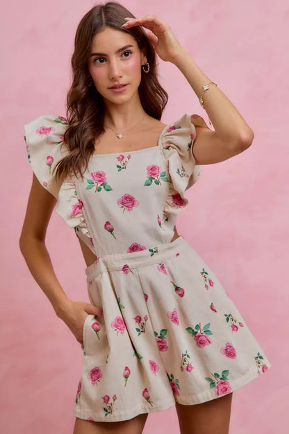 Ivory Floral Denim Cut-Out Ruffle Romper – product view 5