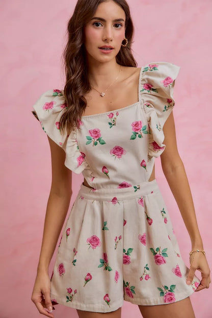 Ivory Floral Denim Cut-Out Ruffle Romper – product view 8