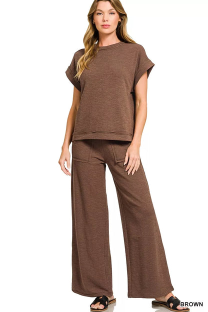 Rowan brown cotton slub tee and pants set