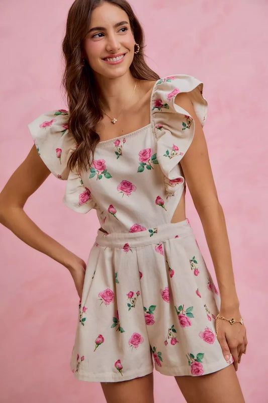 Ivory Floral Denim Cut-Out Ruffle Romper – product view 1