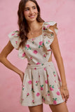 Ivory Floral Denim Cut-Out Ruffle Romper