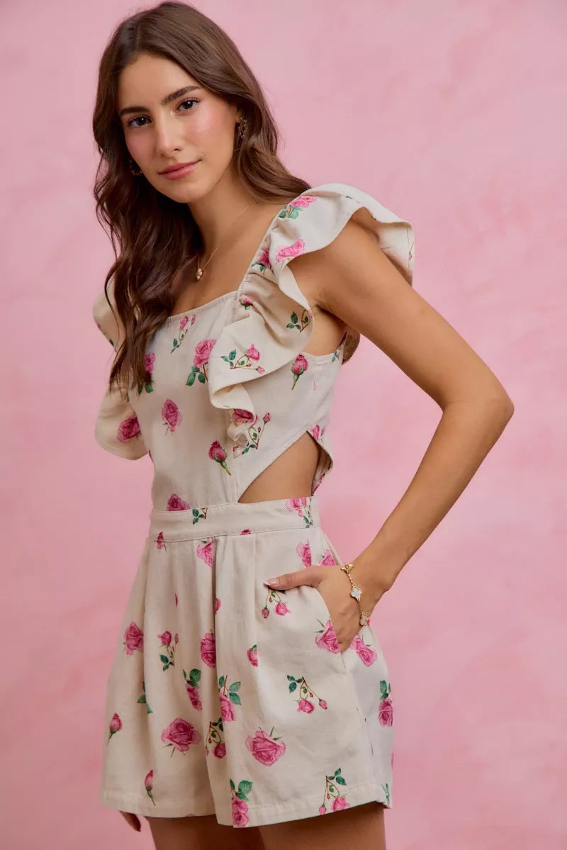 Ivory Floral Denim Cut-Out Ruffle Romper – product view 3
