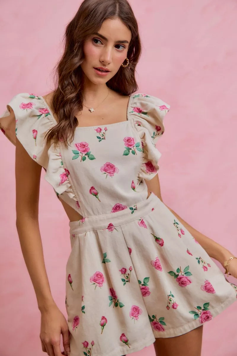 Ivory Floral Denim Cut-Out Ruffle Romper – product view 7