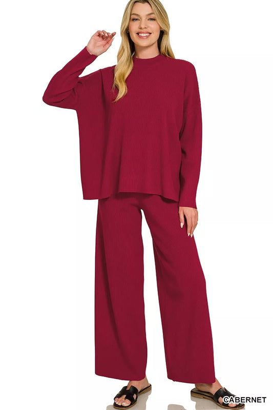 Vera cabernet ribbed sweater and pants set