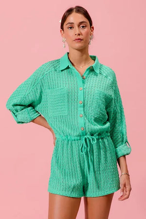 Fresh Mint Textured Knit Button Romper | Green Rompers | TrendyRompers