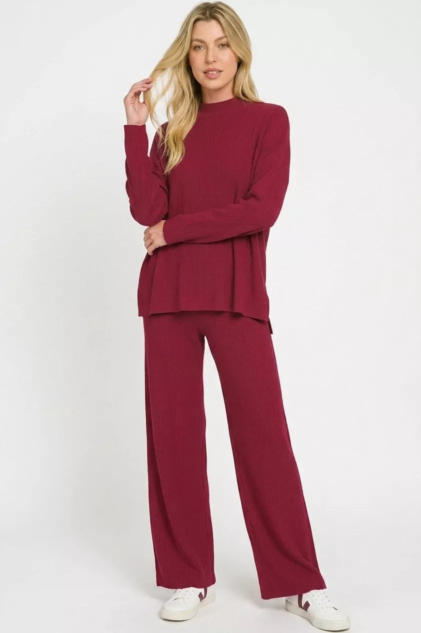 Cabernet long-sleeve sweater top with matching wide-leg pants