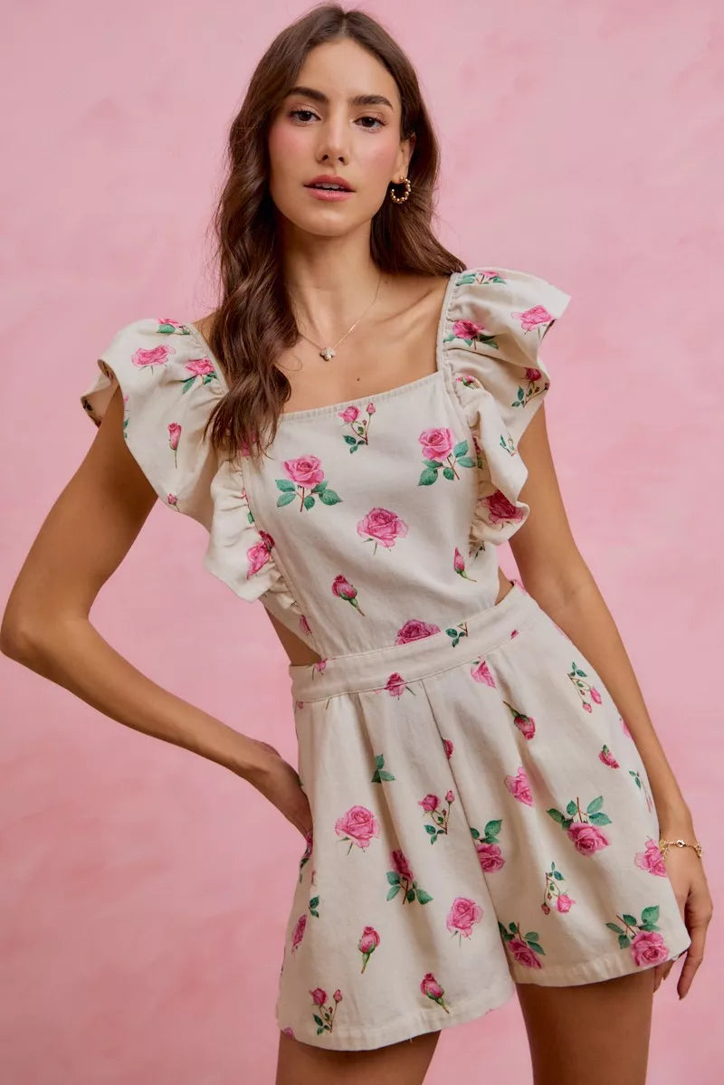 Ivory Floral Denim Cut-Out Ruffle Romper – product view 4