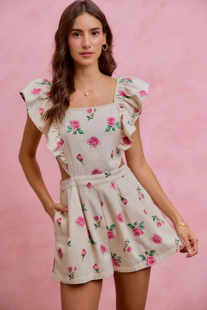 Ivory Floral Denim Cut-Out Ruffle Romper – product view 9