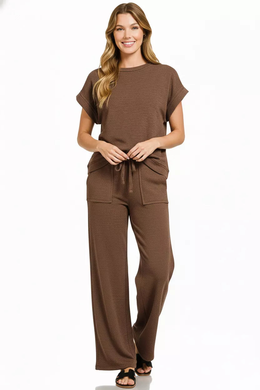 Brown short-sleeve cotton slub top with matching pants