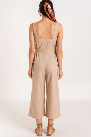 Side Hustle Taupe Linen Utility Jumpsuit