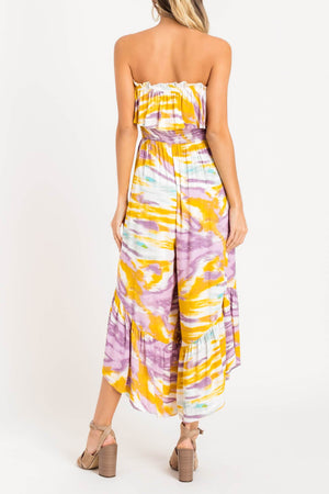 Staycation Purple and Yellow Tie Dye Tube Top Jumpsuit