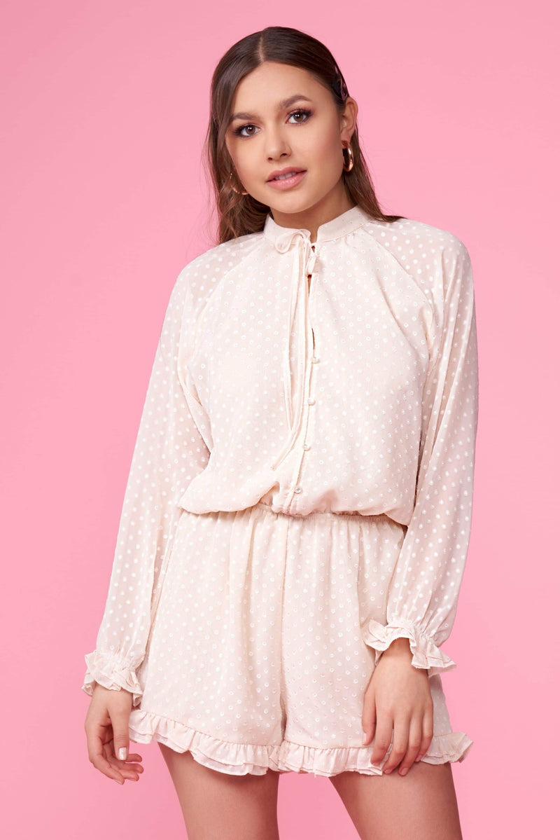 Pom Pom Cream Long Sleeve Romper