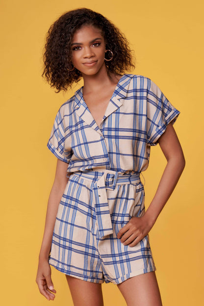 Bobby Blue Plaid Belted Romper