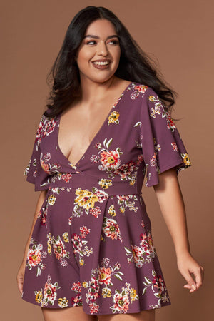 Ariel Mauve Purple Floral Print Romper-Rompers