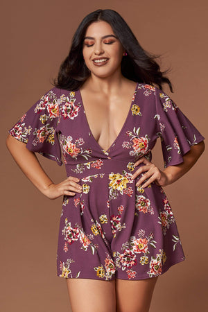 Ariel Mauve Purple Floral Print Romper-Rompers