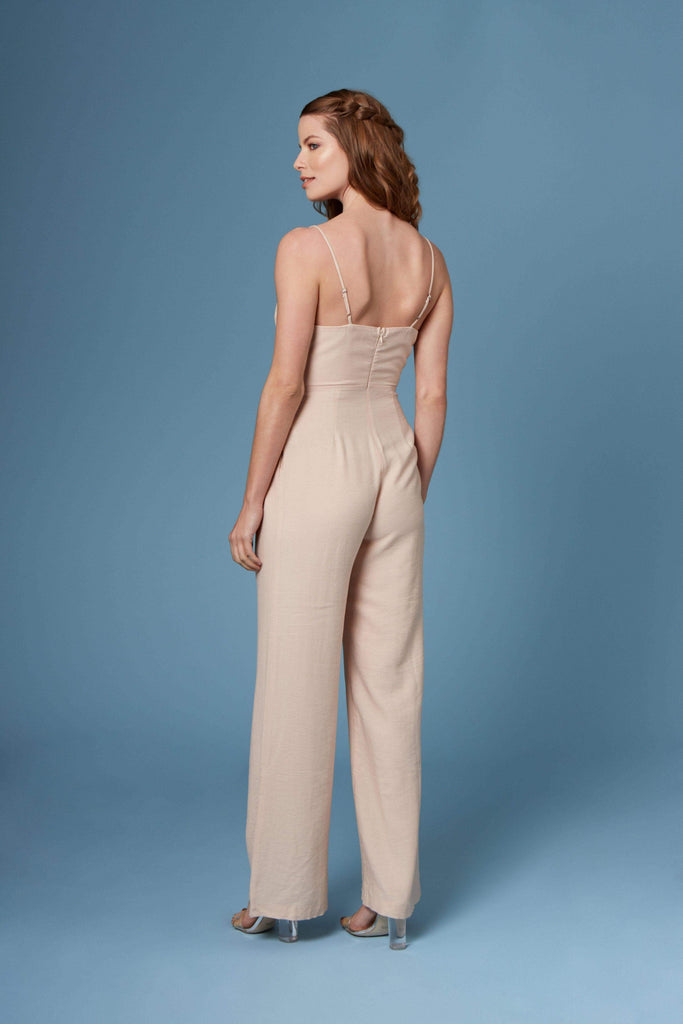 Danny Beige Lace-Up Wide-Legged Jumpsuit by Lush-Rompers