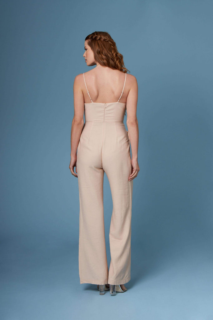 Danny Beige Lace-Up Wide-Legged Jumpsuit by Lush-Rompers