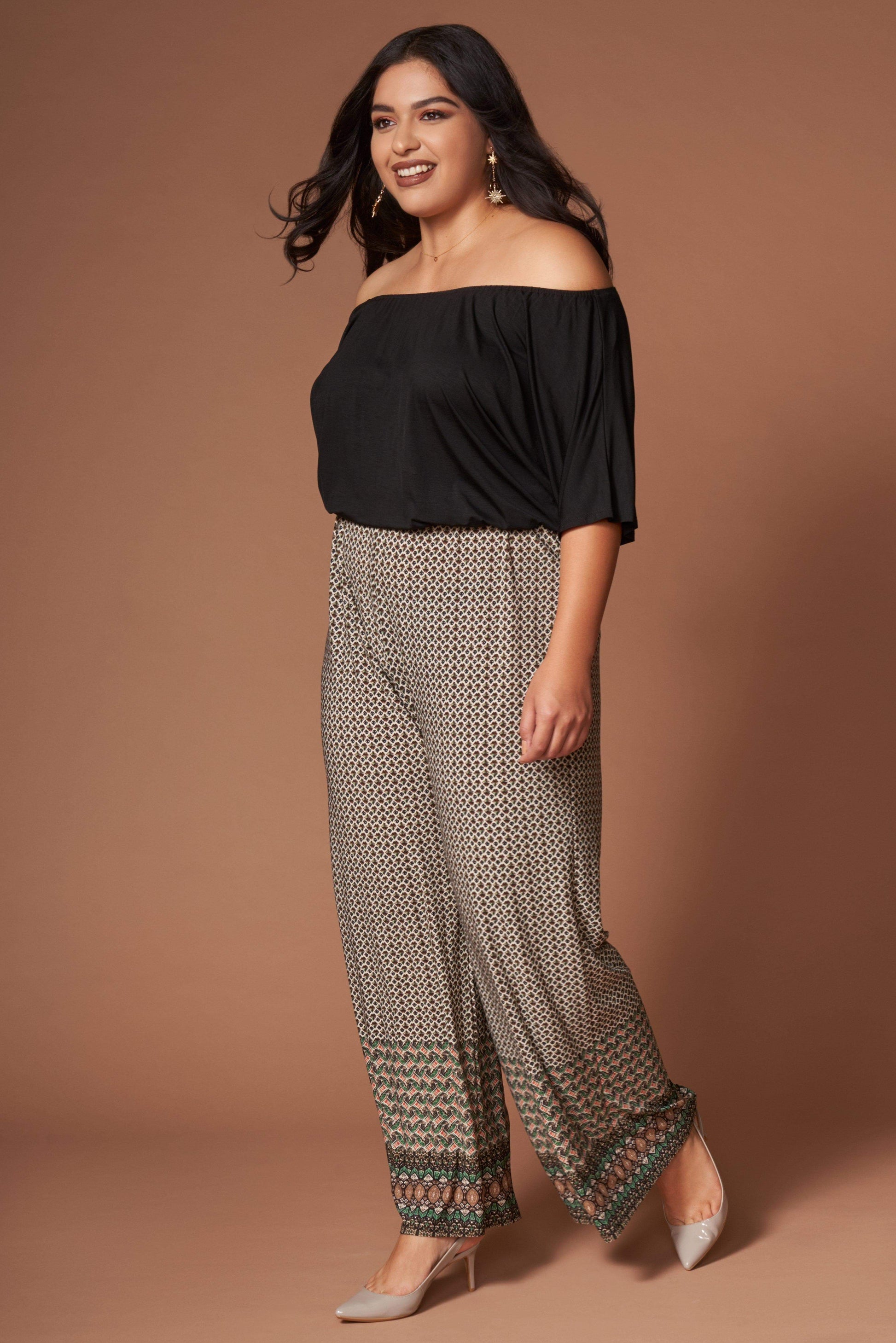 Kellie Black and Brown Print Off-the-Shoulder Jumpsuit-Rompers