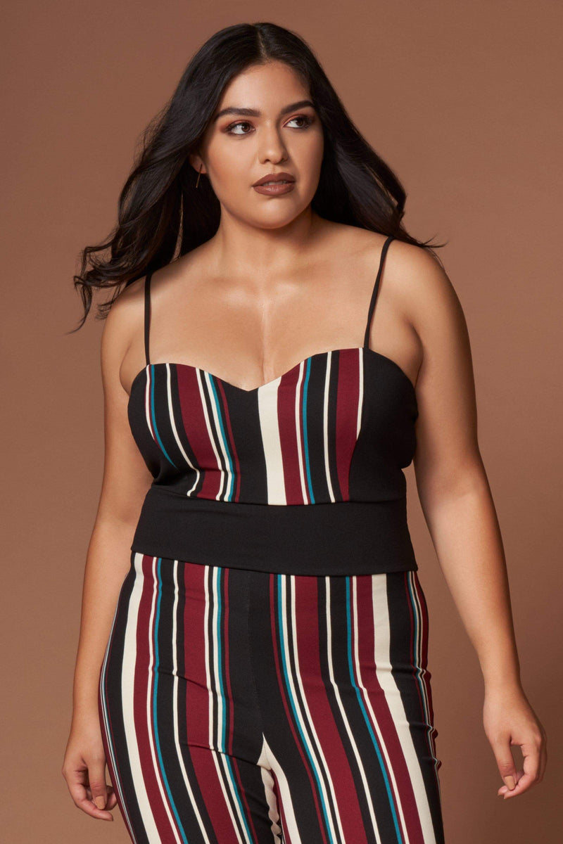 Lara Burgundy Multi Stripe Sleeveless Jumpsuit-Rompers
