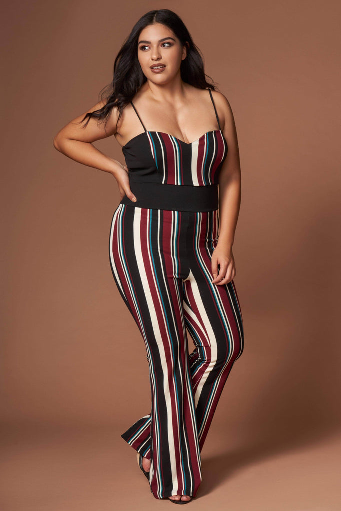 Lara Burgundy Multi Stripe Sleeveless Jumpsuit-Rompers
