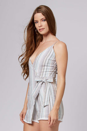 Olivia Blue Stripe Wrap Romper | Women's Rompers | TrendyRompers
