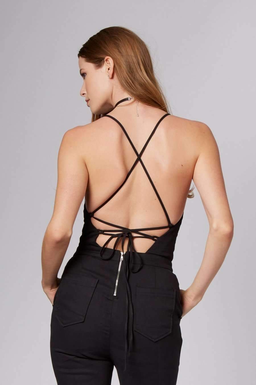 Rosie Black Lace-Up Jumpsuit-Rompers