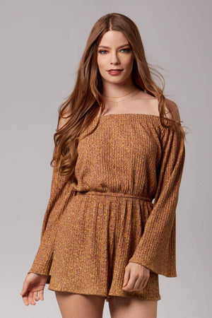 Roxy Mustard Knit Long Sleeve Off-The-Shoulder Romper-Rompers