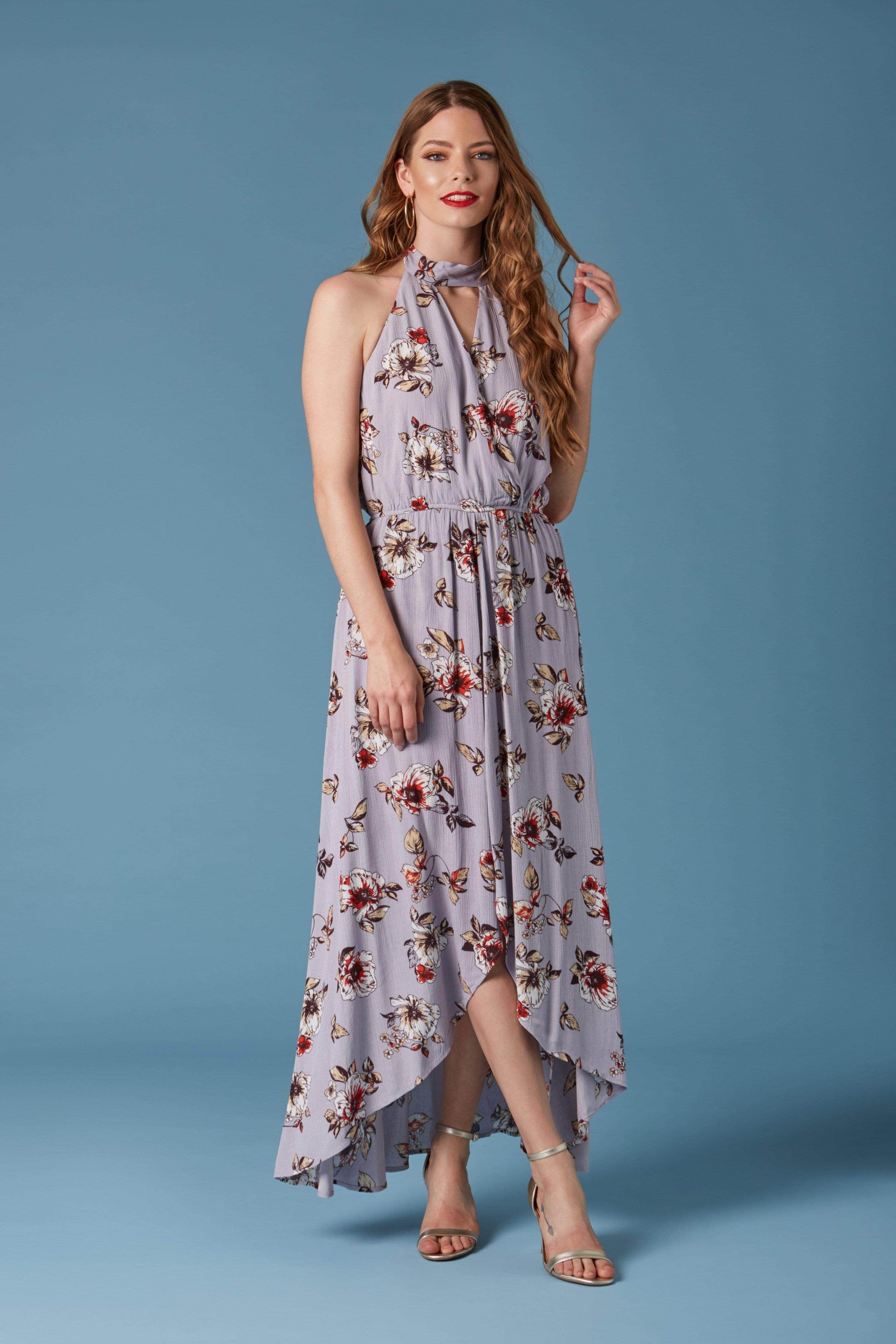 Secret Garden Lavender Floral Print Halter Maxi Romper-Rompers