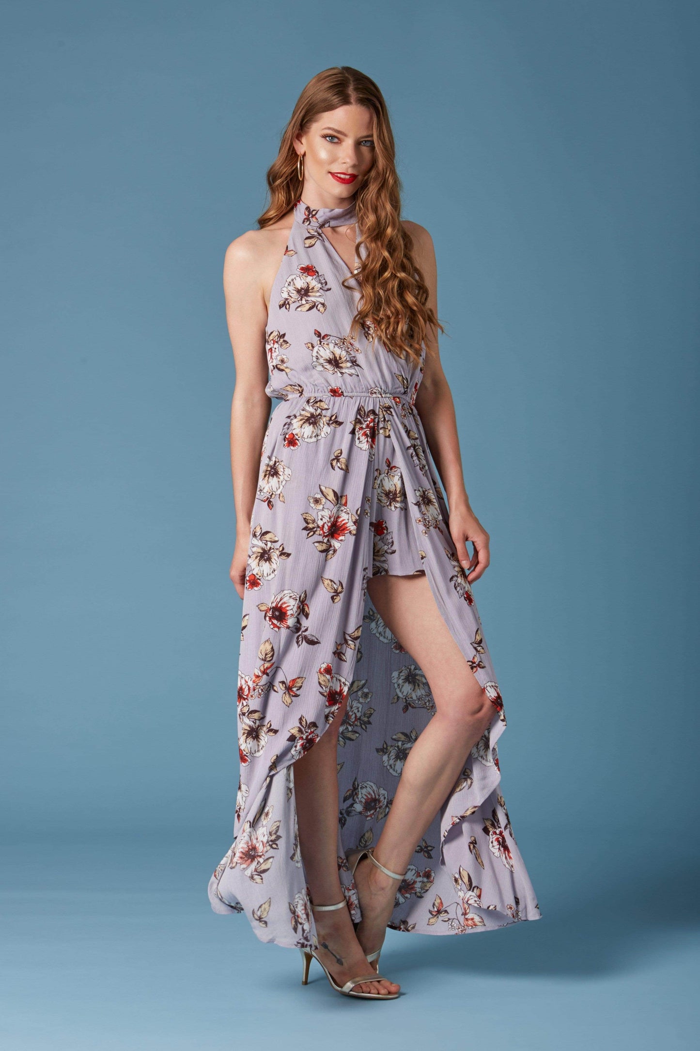 Secret Garden Lavender Floral Print Halter Maxi Romper-Rompers