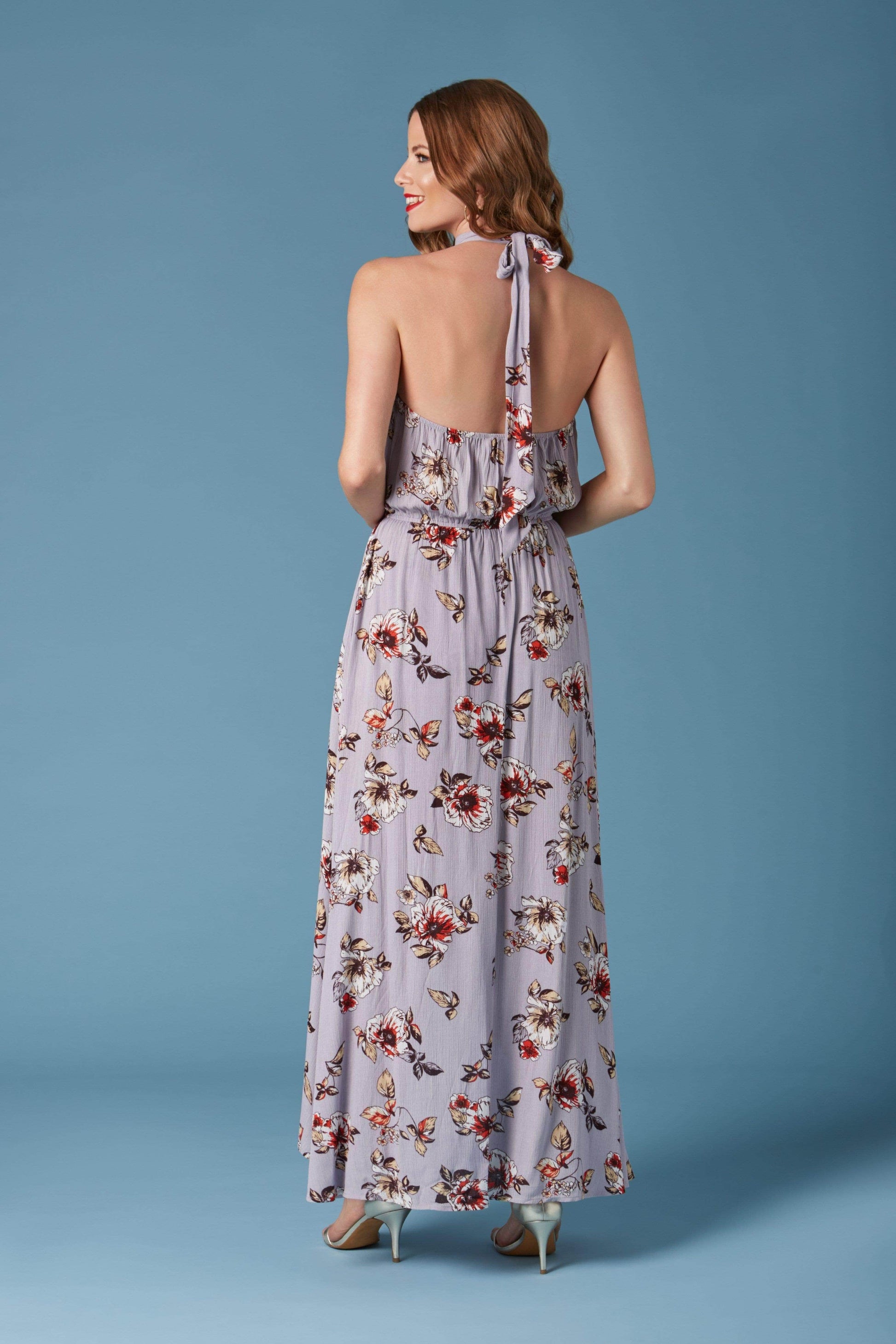 Secret Garden Lavender Floral Print Halter Maxi Romper-Rompers
