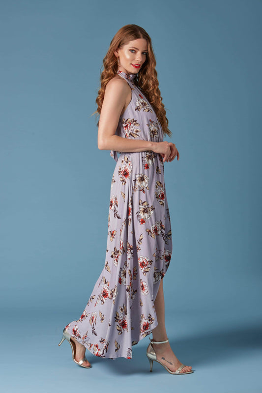 Secret Garden Lavender Floral Print Halter Maxi Romper-Rompers