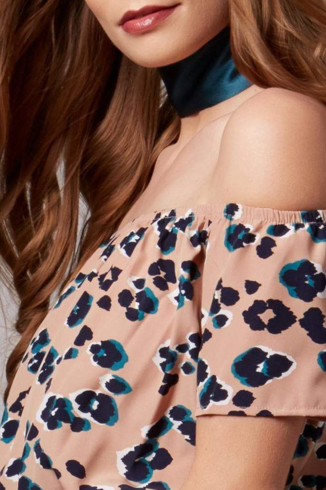 Tori Taupe Leopard Print Off-The-Shoulder Romper-Rompers