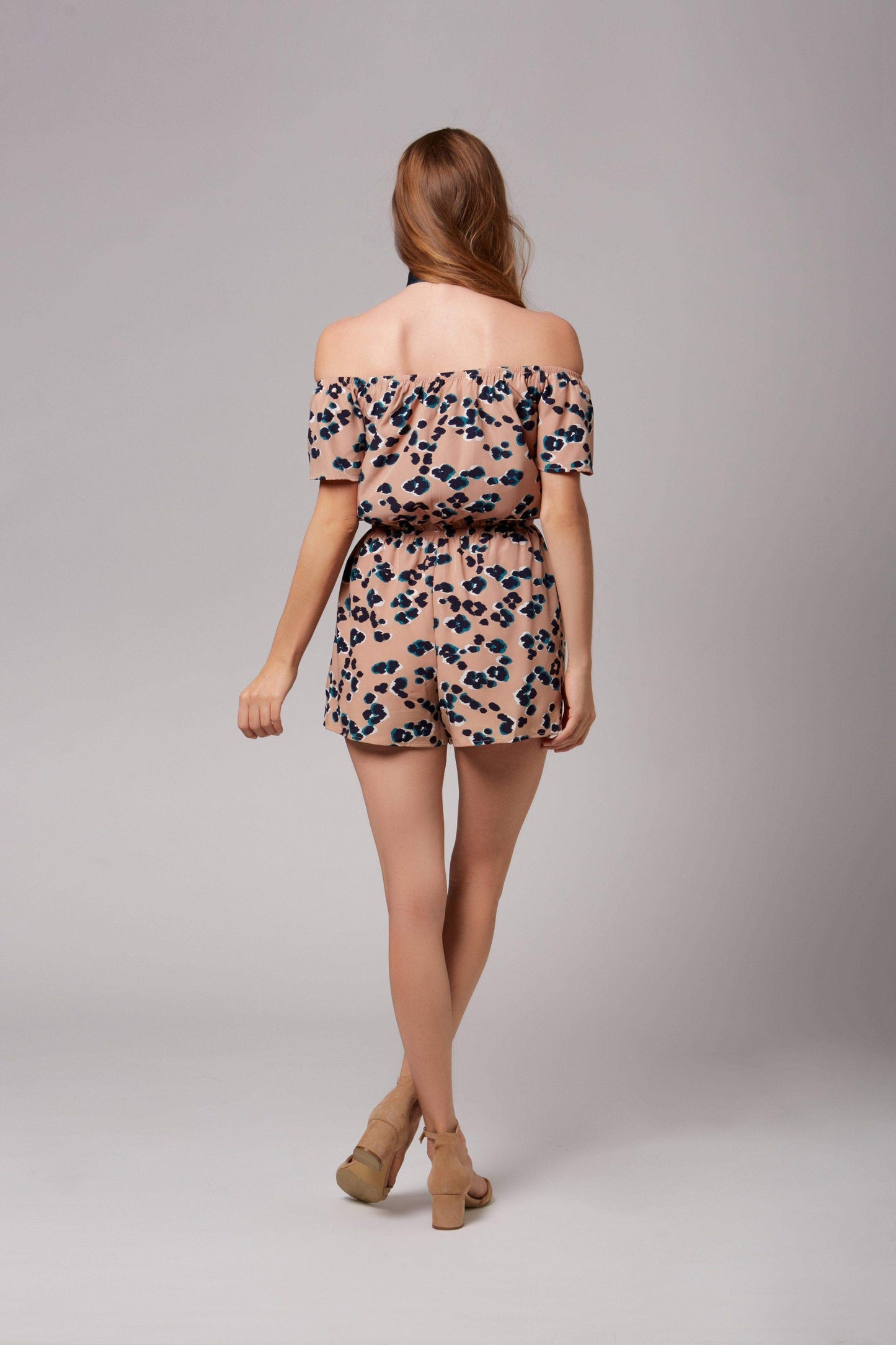 Tori Taupe Leopard Print Off-The-Shoulder Romper-Rompers