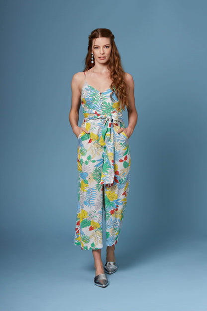 Vincent White Tropical Floral Print Culotte Jumpsuit by Lush-Rompers