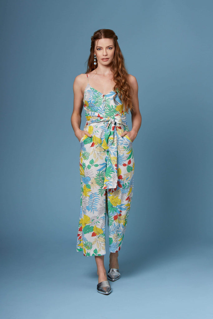 Vincent White Tropical Floral Print Culotte Jumpsuit by Lush-Rompers