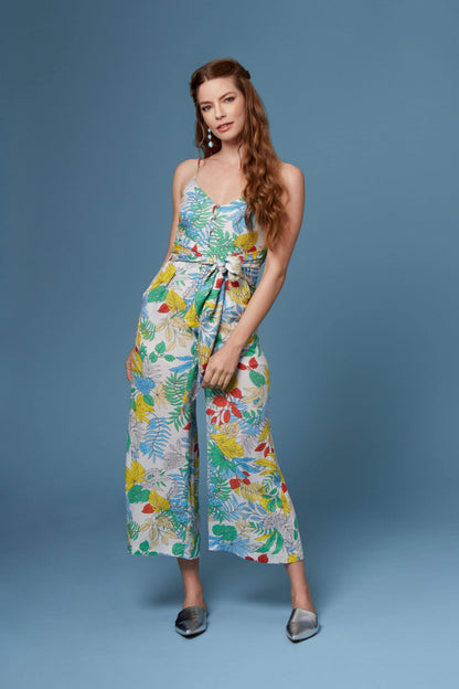 Vincent White Tropical Floral Print Culotte Jumpsuit by Lush-Rompers